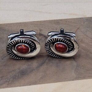 Vintage Speidel Cufflinks Silver Tone Oval Mid Century MCM Swirl Stone